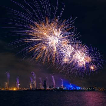 Colored New Year fireworks in centre of Riga