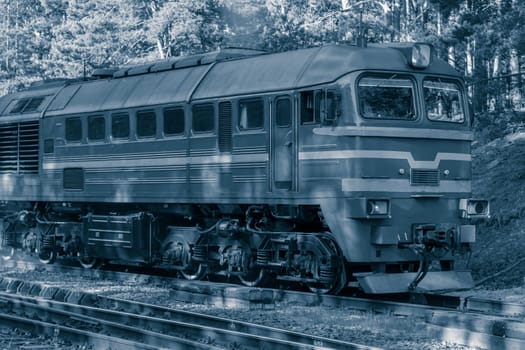 Diesel cargo locomotive with oil tanks in forest