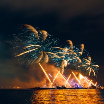 Colored New Year fireworks in centre of Riga