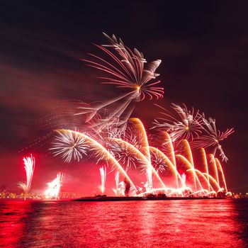 Colored New Year fireworks in centre of Riga