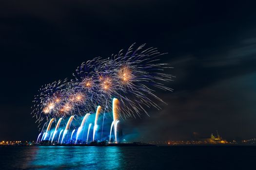 Colored New Year fireworks in centre of Riga