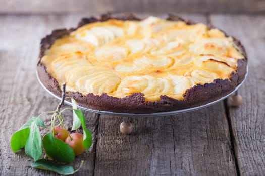 Homemade Apple pie placed on wooden table