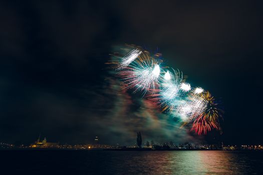 Colored New Year fireworks in centre of Riga