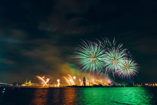 Colored New Year fireworks in centre of Riga