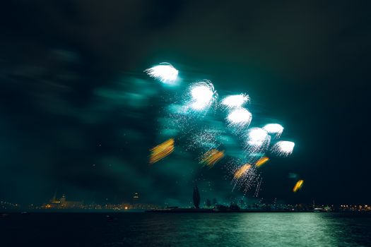 Colored New Year fireworks in centre of Riga