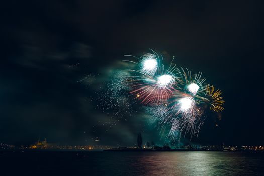 Colored New Year fireworks in centre of Riga