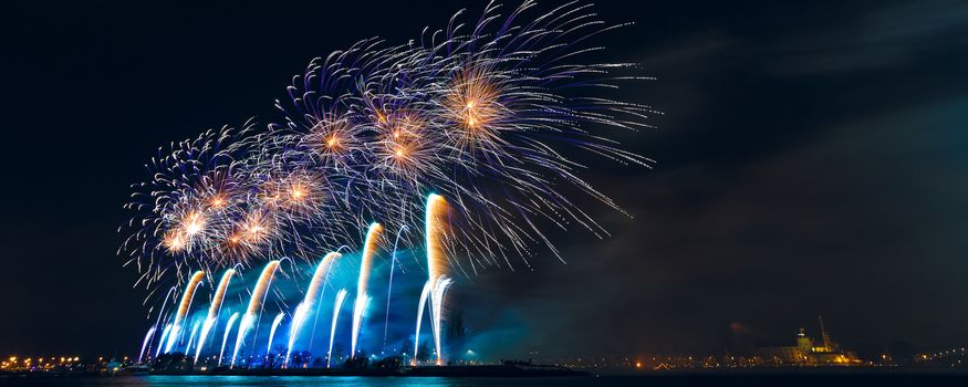 Colored New Year fireworks in centre of Riga