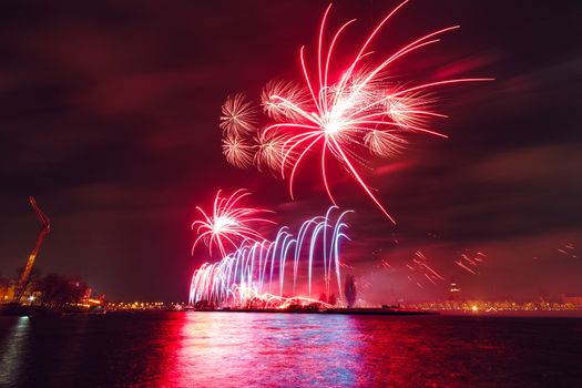 Colored New Year fireworks in centre of Riga