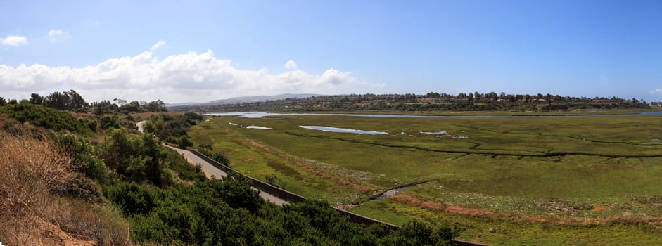 Upper Newport Bay Nature Preserve hiking trail winds along the marsh, where you will see wildlife in Newport Beach, California USA