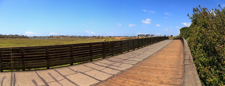 Upper Newport Bay Nature Preserve hiking trail winds along the marsh, where you will see wildlife in Newport Beach, California USA