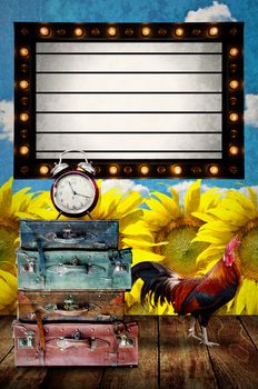 Vintage Light box program board with retro bag and chicken at sunflower farm