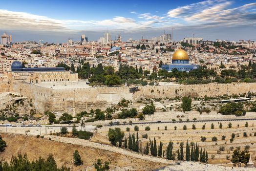 View of Jerusalem Old city and the Temple Mount, Dome of the Rock and Al Aqsa Mosque from the Mount of Olives in Jerusalem, Israel