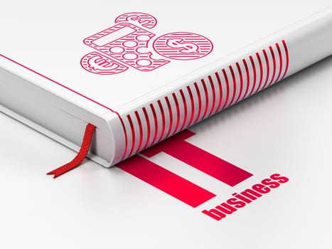 Finance concept: closed book with Red Calculator icon and text IT Business on floor, white background, 3D rendering