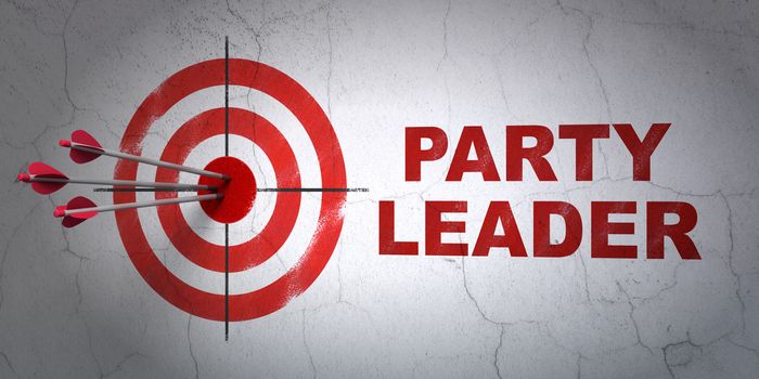 Success politics concept: arrows hitting the center of target, Red Party Leader on wall background, 3D rendering