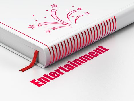 Entertainment, concept: closed book with Red Fireworks icon and text Entertainment on floor, white background, 3D rendering