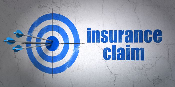 Success Insurance concept: arrows hitting the center of target, Blue Insurance Claim on wall background, 3D rendering