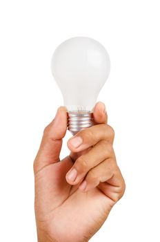 Hand holding an incandescent light bulb isolated on white background, Save clippint path.