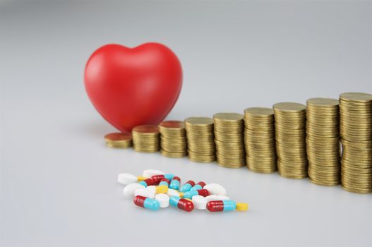 Stack of medicine and red heart with gold coins on white background.