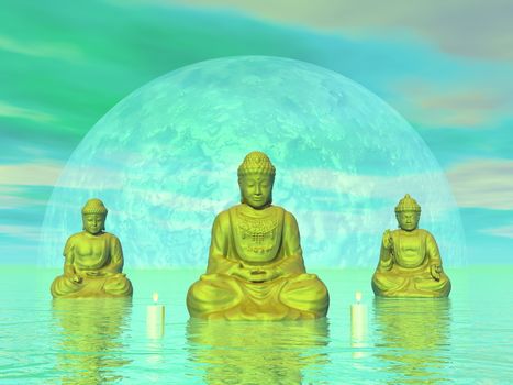Three golden buddhas next to candles in green background with big moon - 3D render
