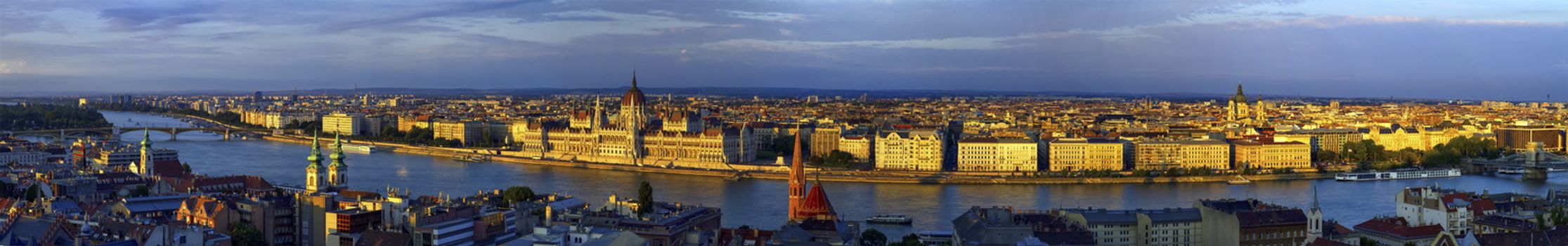 Aerial panoramic view of Danube and Budapest city by sunset, Hungary