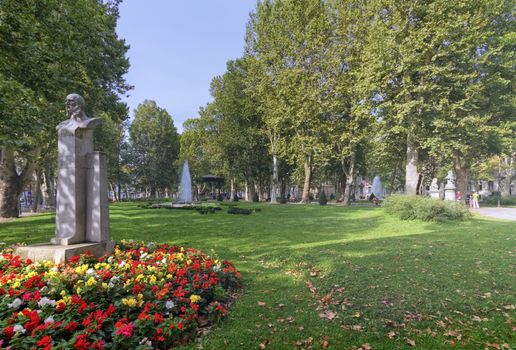 Stone statue of Ivan Mazuranic in Zrinjevac park in Zagrebby day, Croatia