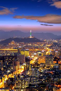 View of downtown cityscape and Seoul tower in Seoul, South Korea.