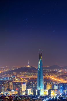 South Korea skyline of Seoul, The best view of South Korea with Lotte world mall at Namhansanseong Fortress.