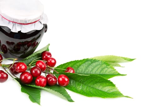 Cherry jam and cherries isolated on white background