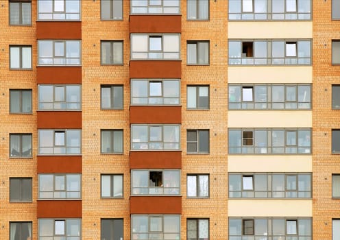 Close view on residental building in a new district Kudrovo in Saint-Petersburg city, Russia.