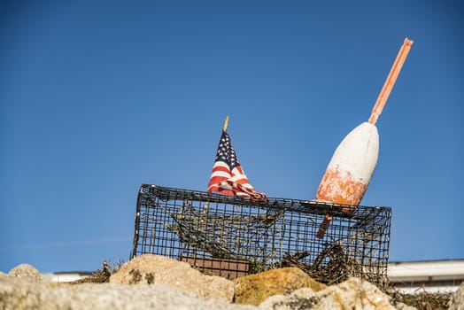 Lobster traps and buoy along the shores in Maine, USA