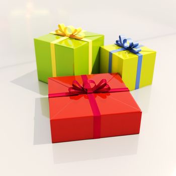 Three Gift Boxes with Ribbons Close Up, Shallow Depth of Field, Selective Focus, Gift Boxes for Xmas