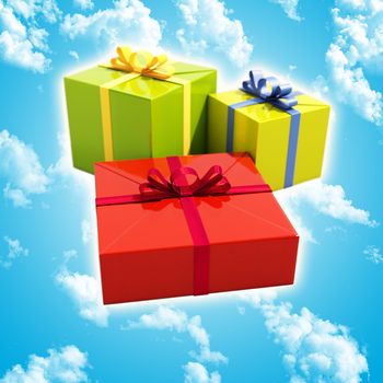 Three Gift Boxes with Ribbons Close Up, Shallow Depth of Field, Selective Focus, Gift Boxes for Xmas