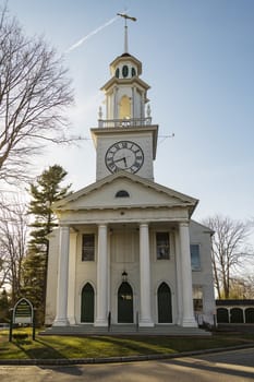 Historic White Church on a Cloudy Day in Autumn in Kennebunkport, Maine