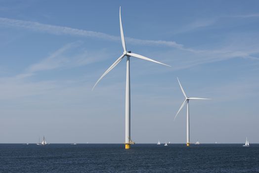 Wind farm in the water off the coast of the noordoostpolder in the Netherlands
