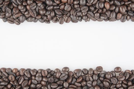 Roasted coffee beans have white space on middle use as texture or background.