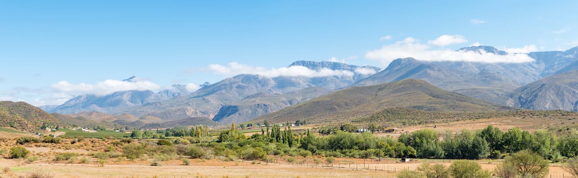 Panorama of a farm landscape with the Swartberg (black mountain) in the back near Hoeko in the Western Cape Province