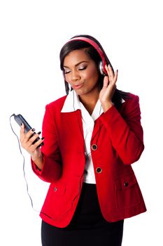 Beautiful happy business woman jamming listening to music on wireless mobile phone, on white.