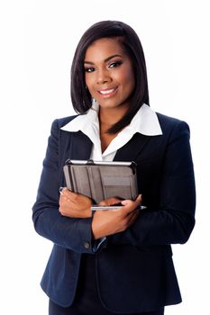 Happy smiling successful business woman standing with tablet and pen in arms, on white.