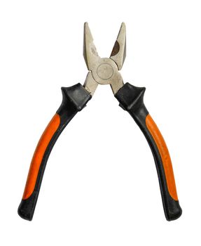 Iolated Grungy Pliers With Plastic Orange Handle On A White Background