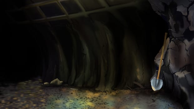 Entrance to an abandoned mine or to a large Cave with Shovel. Digital Painting Background, Illustration in cartoon style character.