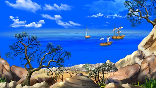 View of the bay with sailboats. Shore of the ocean, coast of desert island. Summer day, blue sky. Lonely tree. Digital Painting Background, Illustration in cartoon style character.