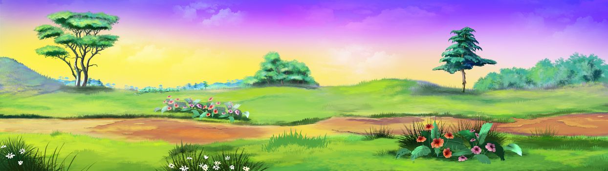 Rural landscape with path and flowers against purple sky in a Summer day. Digital Painting Background, Illustration in cartoon style character.