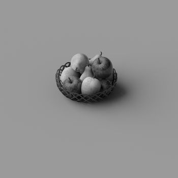 BLACK AND WHITE PHOTO OF 3D RENDERING OF RED AND GREEN APPLES ON PLAIN BACKGROUND