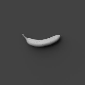 BLACK AND WHITE PHOTO OF 3D RENDERING OF A BANANA ON PLAIN BACKGROUND