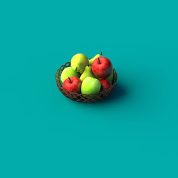 COLOR PHOTO OF 3D RENDERING OF RED APPLES AND GREEN PEARS IN BASKET ON PLAIN BACKGROUND