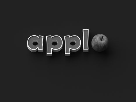 BLACK AND WHITE PHOTO OF 3D RENDERING WORDS 'appl' 
AND AN APPLE ON PLAIN BACKGROUND