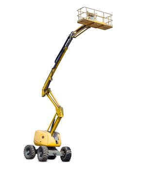 Yellow self propelled articulated wheeled articulated lift with telescoping boom and basket on a light background
