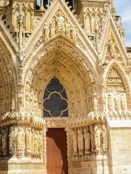 Decoration of the side south portal of the Cathedral Notre-Dame de Reims, built in the 13th century, France
