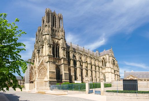 View from southwest of the Cathedral Notre-Dame de Reims, built in the 13th century, France

