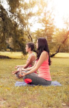 Two beautiful women doing yoga in the park. Selective focus.